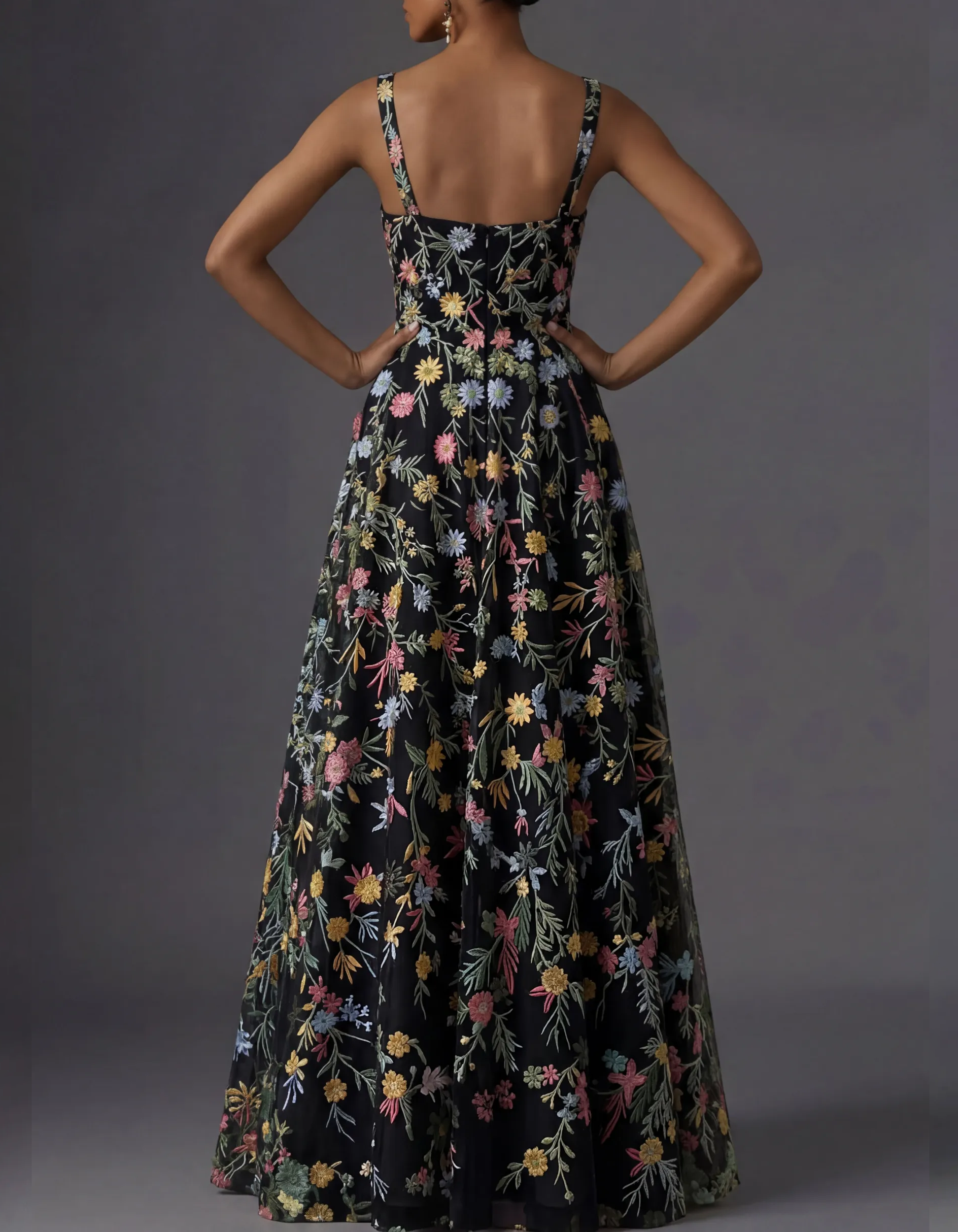Square Neck Spaghetti Strap Floral Embroidered Tulle A-Line Maxi Dress
