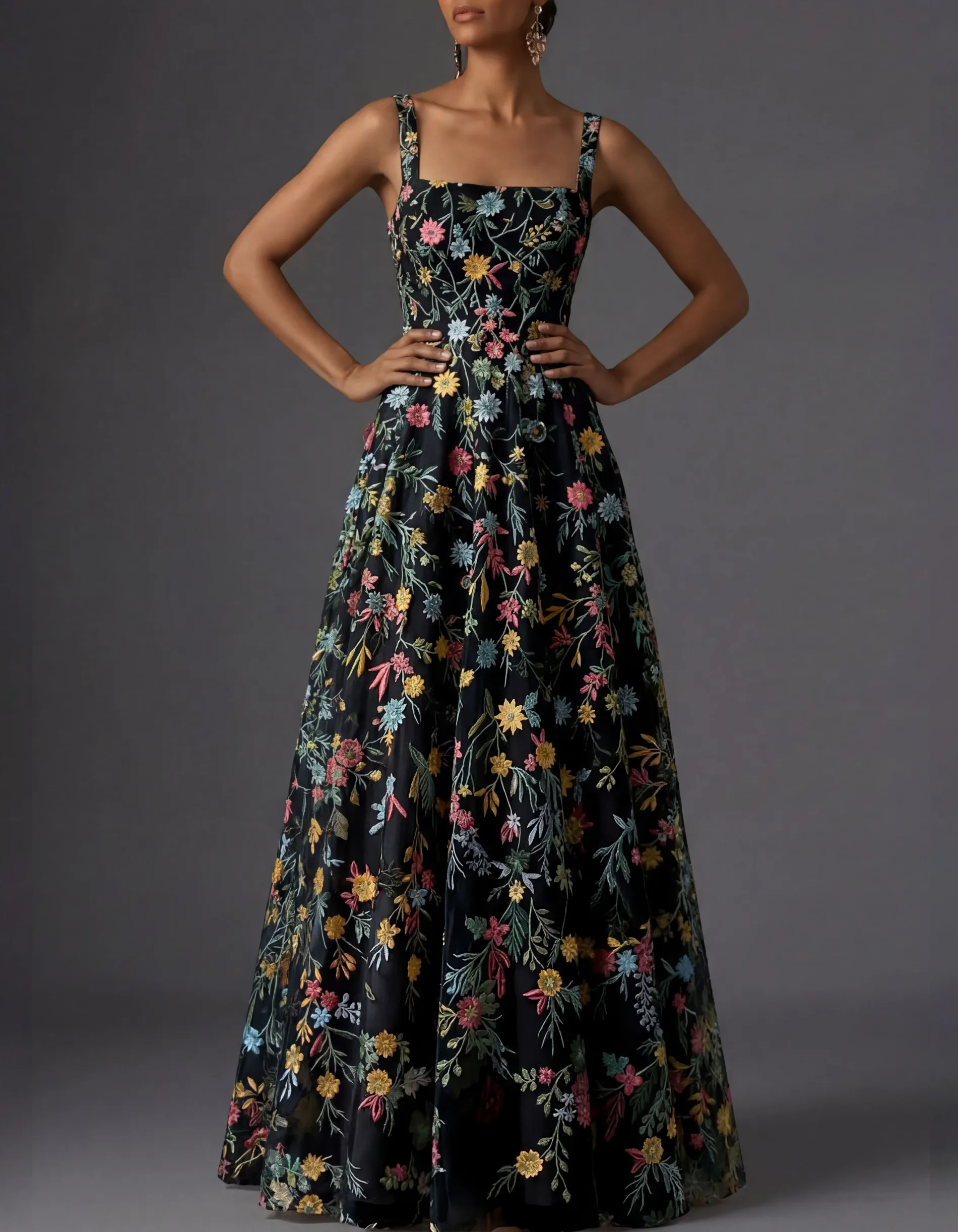 Square Neck Spaghetti Strap Floral Embroidered Tulle A-Line Maxi Dress