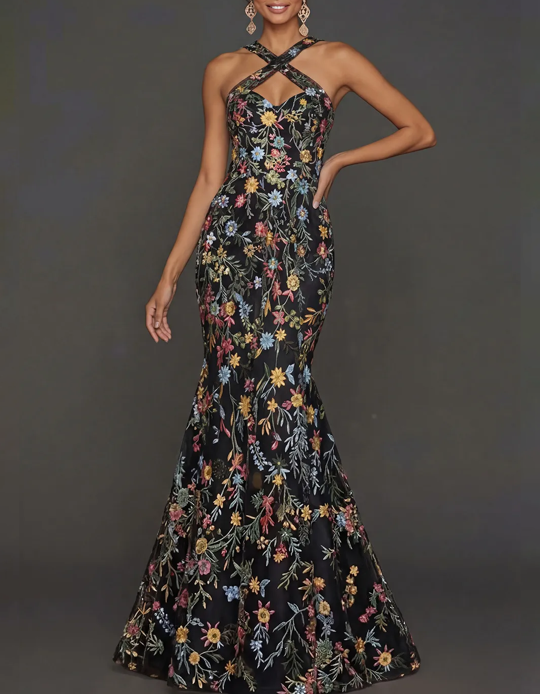 Crisscross Halter Floral Embroidered Tulle Mermaid Maxi Dress