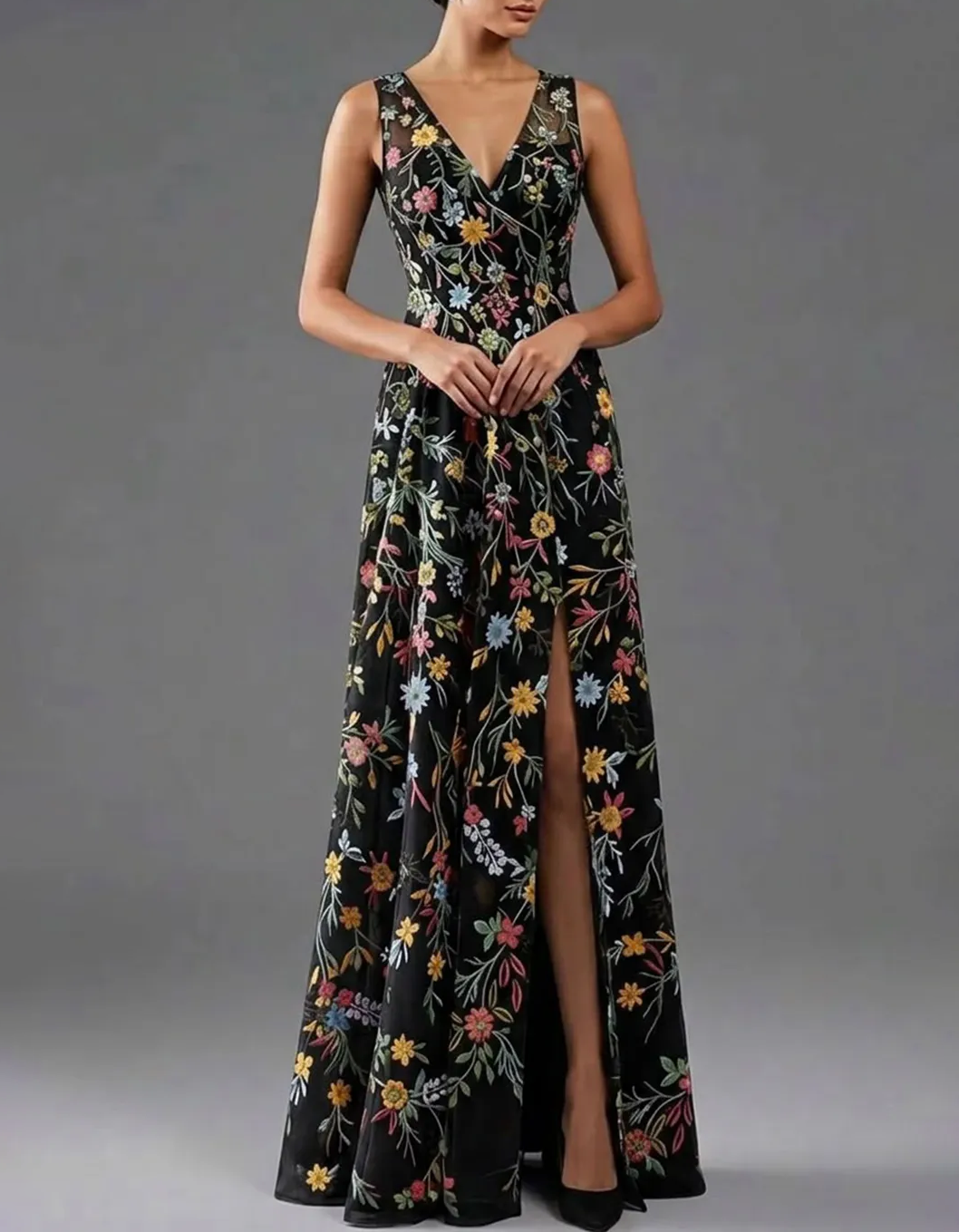 Sleeveless V-Neck Floral Embroidered Tulle A-Line Maxi Dress