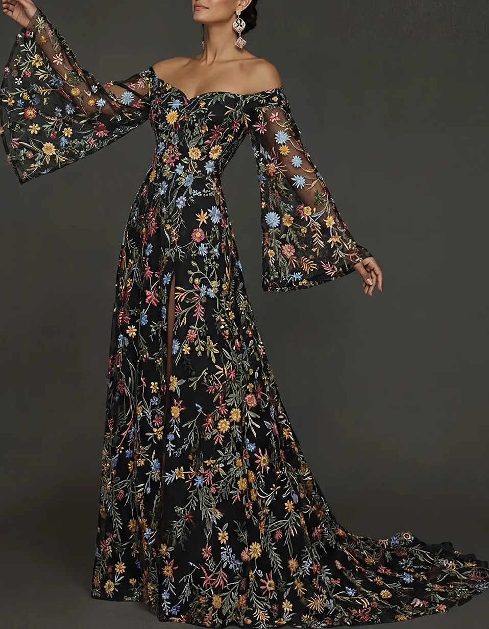 Off-The-Shoulder Bell Sleeve Floral Embroidered Tulle Train Maxi Dress