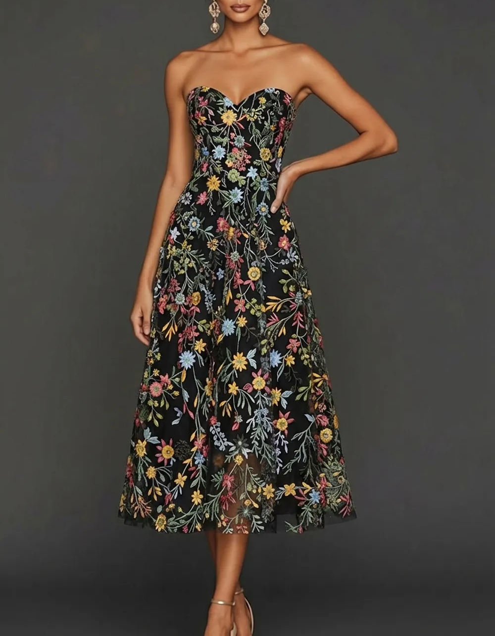 Strapless Sweetheart Floral Embroidered Tulle A-Line Midi Dress