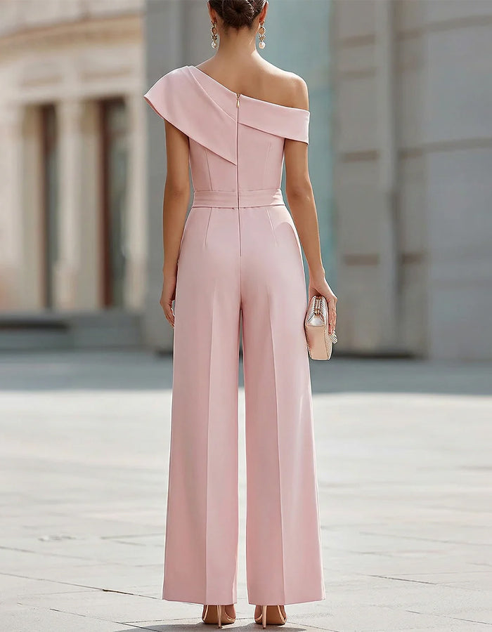 Roze een-schouder jumpsuit met wijde pijpen