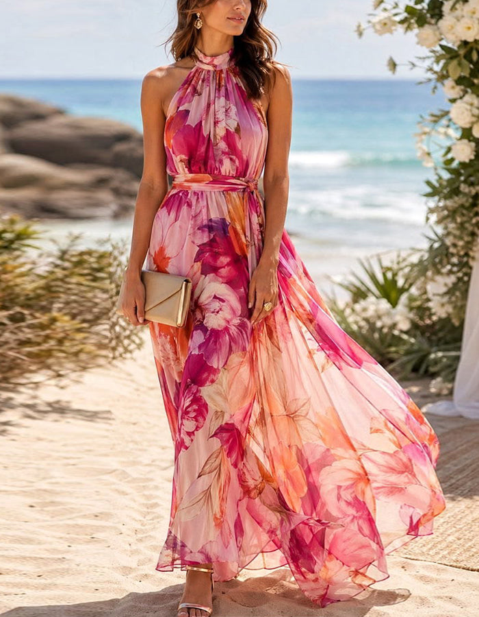 Robe longue en chiffon rose à imprimé floral aquarelle