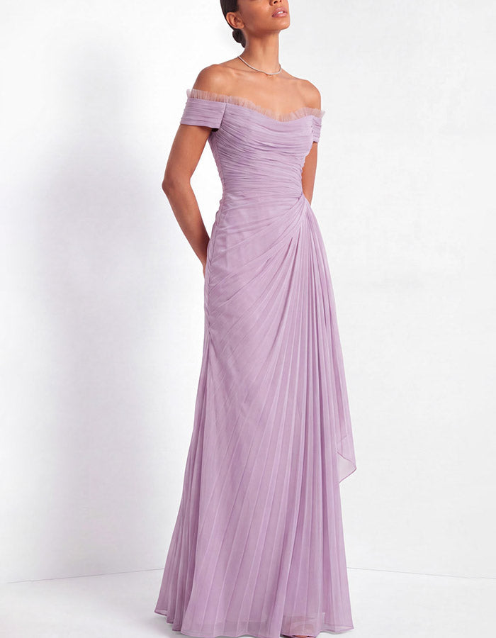 Vestido Maxi de Chiffon Plissado com Franzidos e Ombros Descobertos em Lavanda