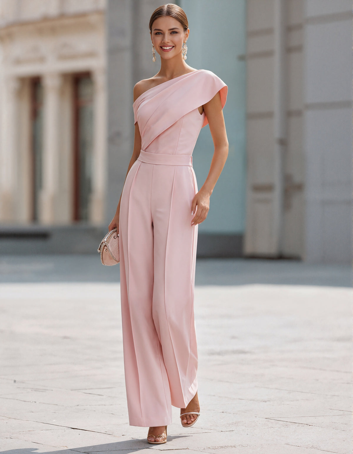 Roze een-schouder jumpsuit met wijde pijpen