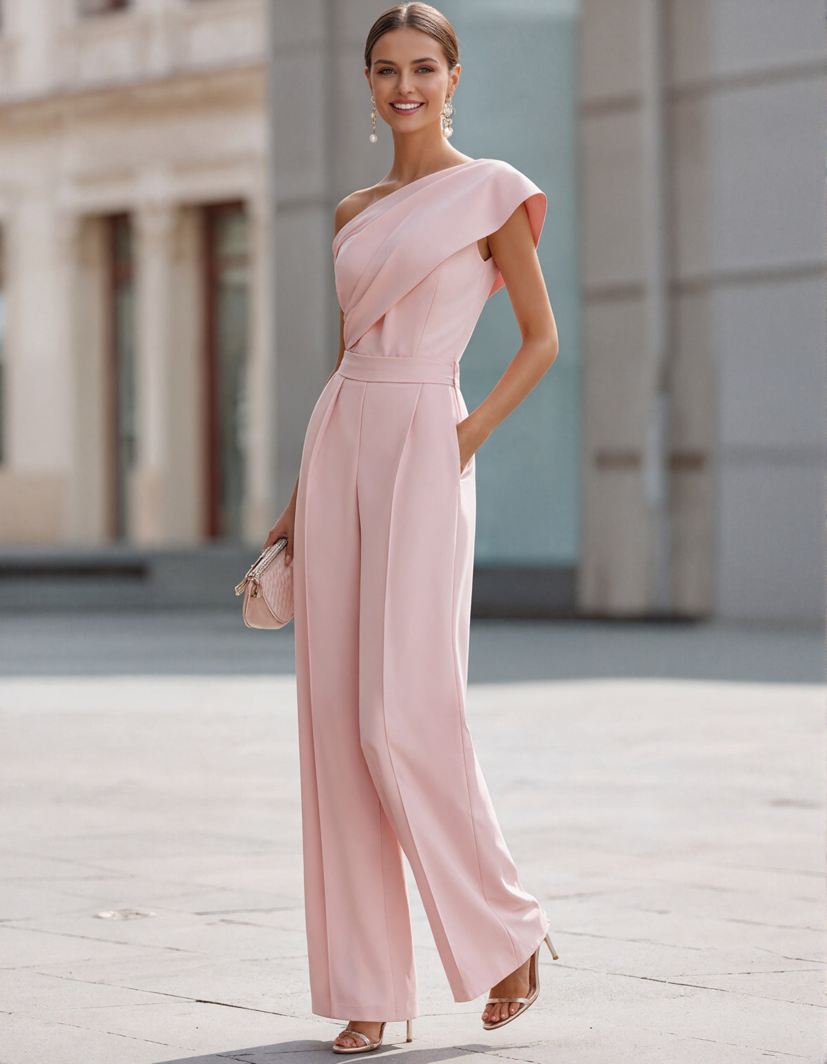 Roze een-schouder jumpsuit met wijde pijpen