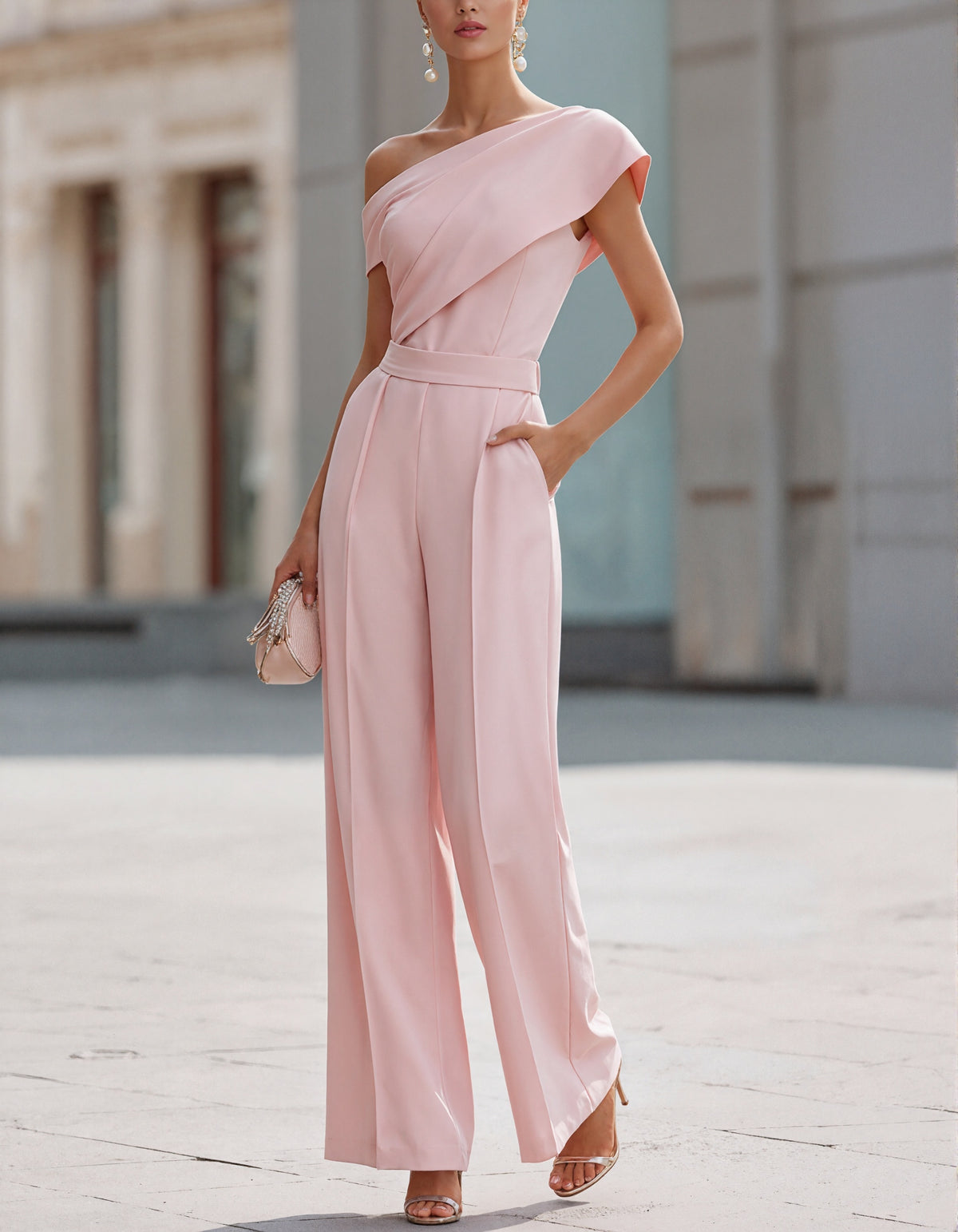 Roze een-schouder jumpsuit met wijde pijpen