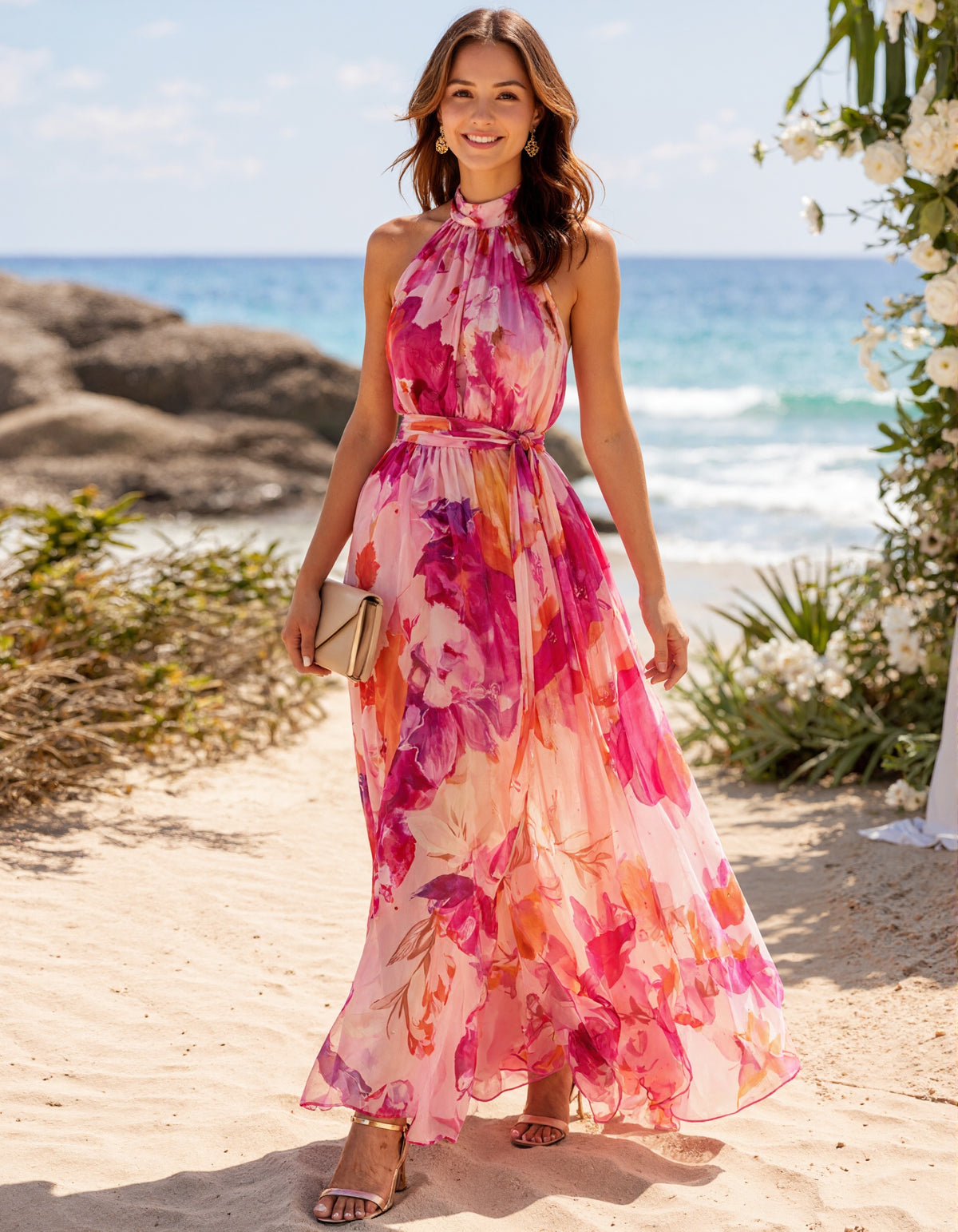Maxikleid aus rosa Chiffon mit floralem Aquarelldruck