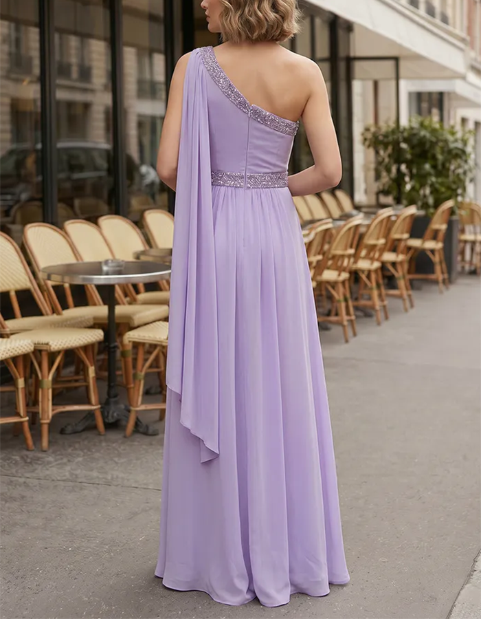 Lavender One-Shoulder Sequins Ruched Chiffon Maxi Dress