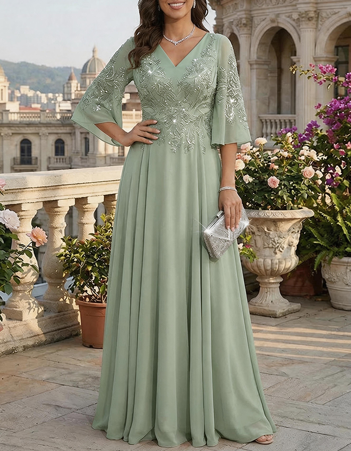 Sage Green Sequin-Embellished Chiffon Maxi Dress