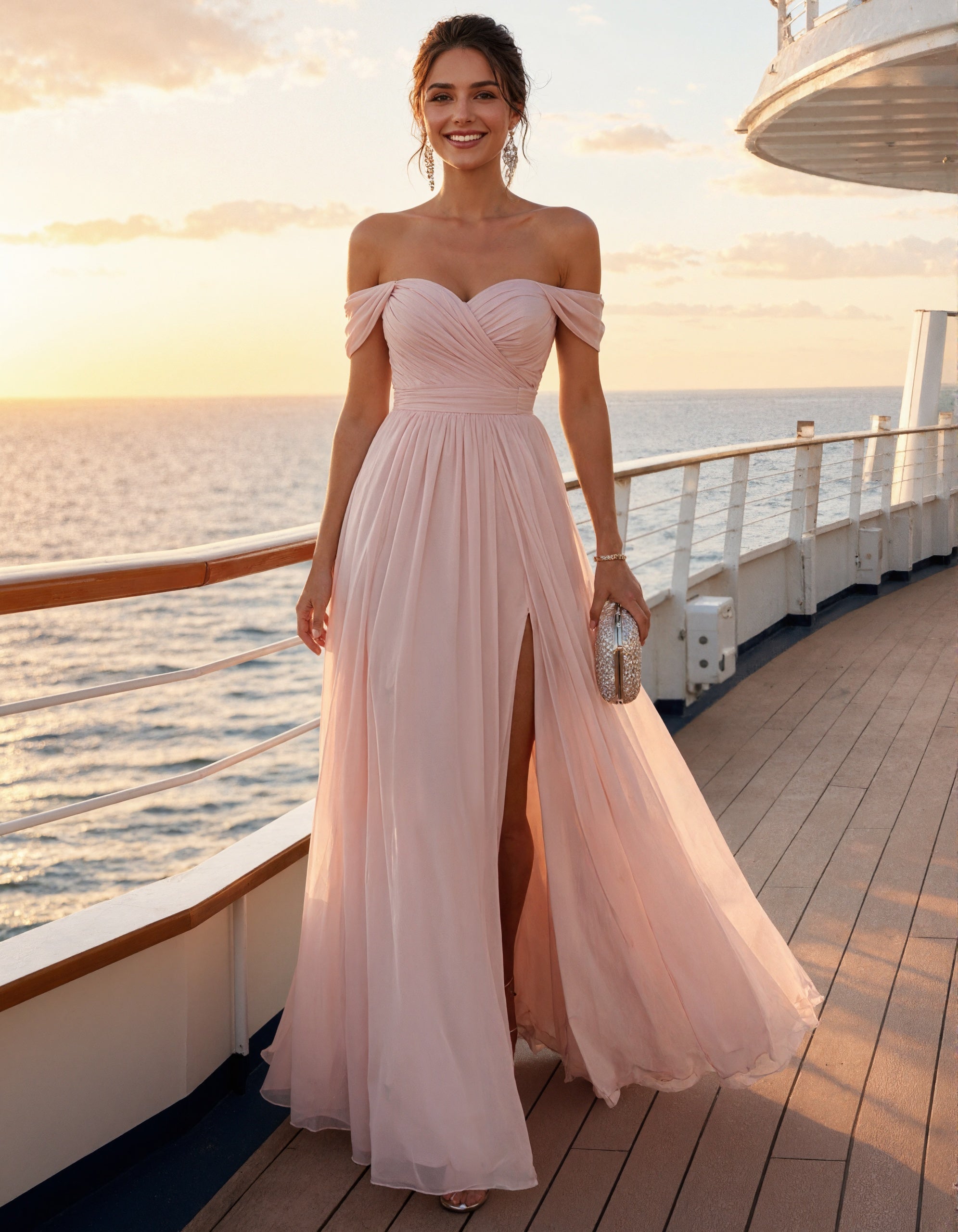 Rochie maxi roz din chiffon, cu umerii goi