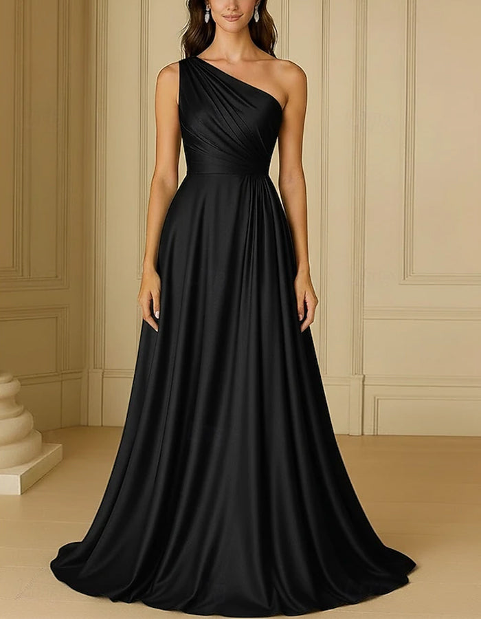Vestido maxi de satén de un solo hombro en color sólido