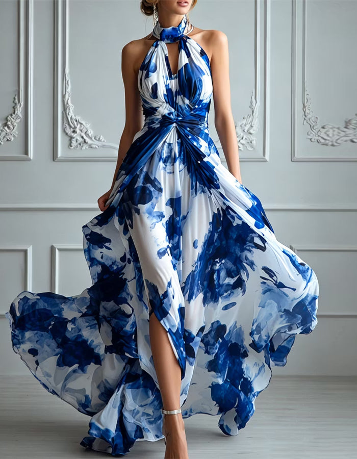Vestido Maxi de Chiffon com Estampa Floral Azul e Branco