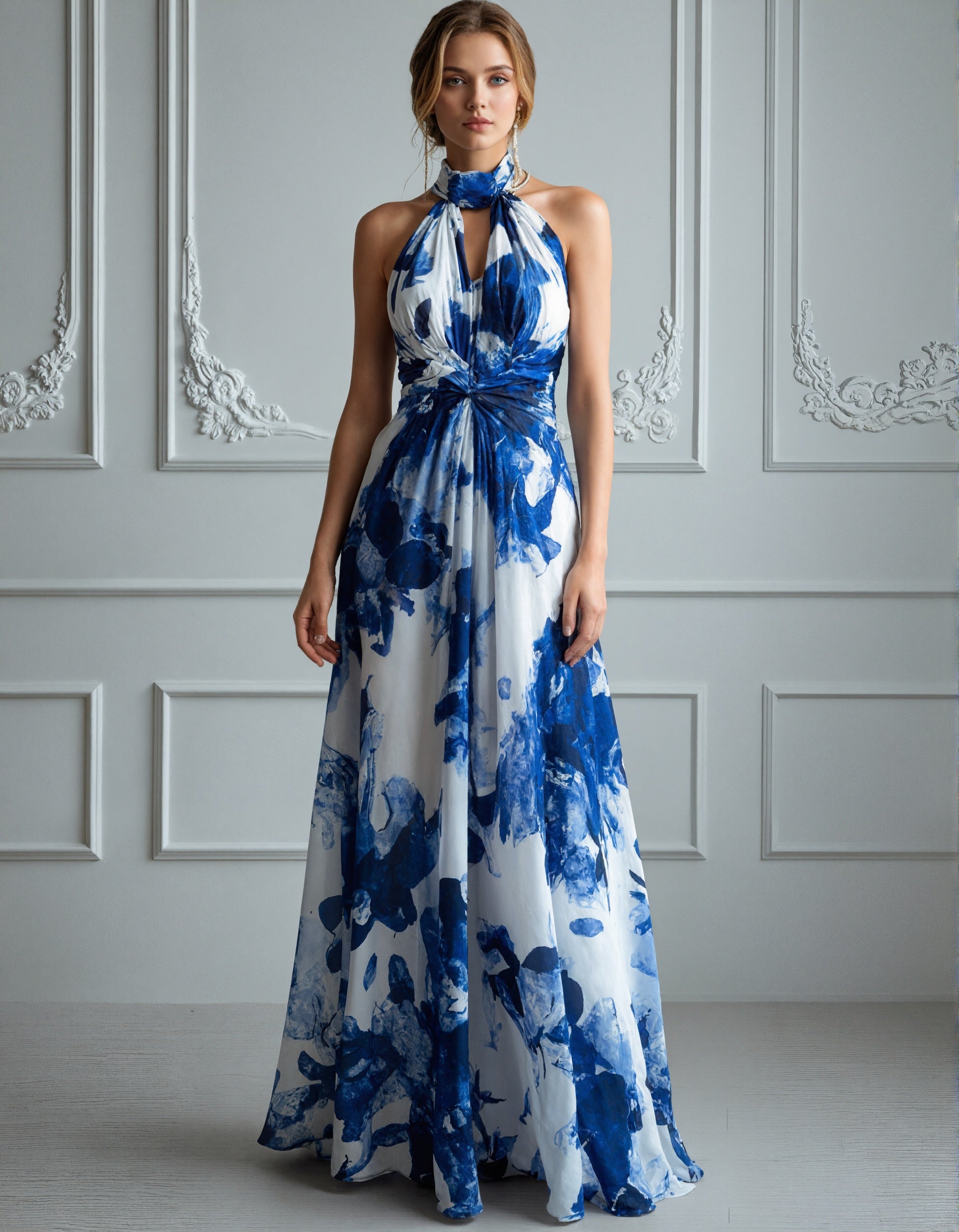 Maxikleid aus blau-weißem Chiffon mit Blumenmuster