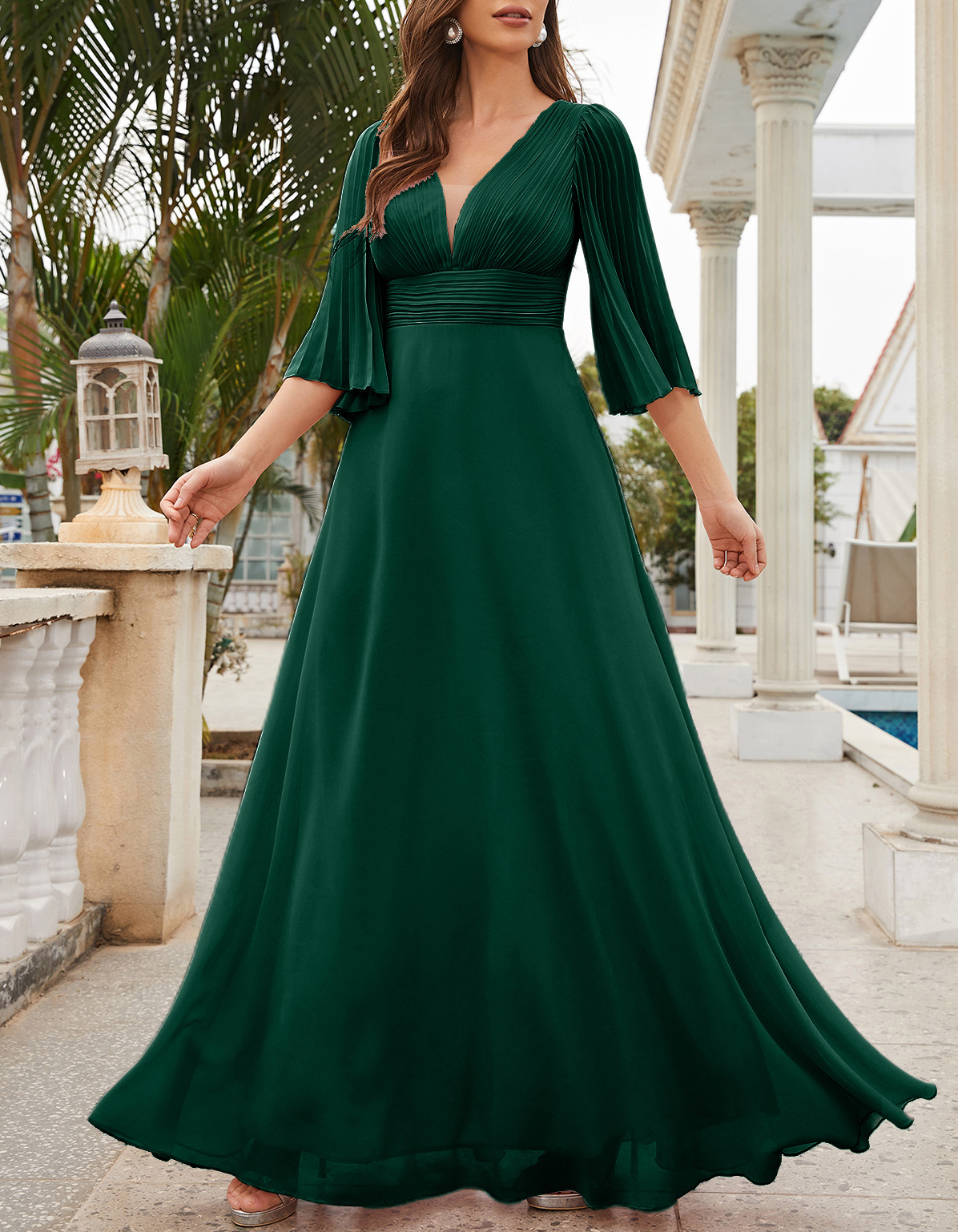 Chiffon V-Neck Pleated Flutter Sleeve A-Line Maxi Dress