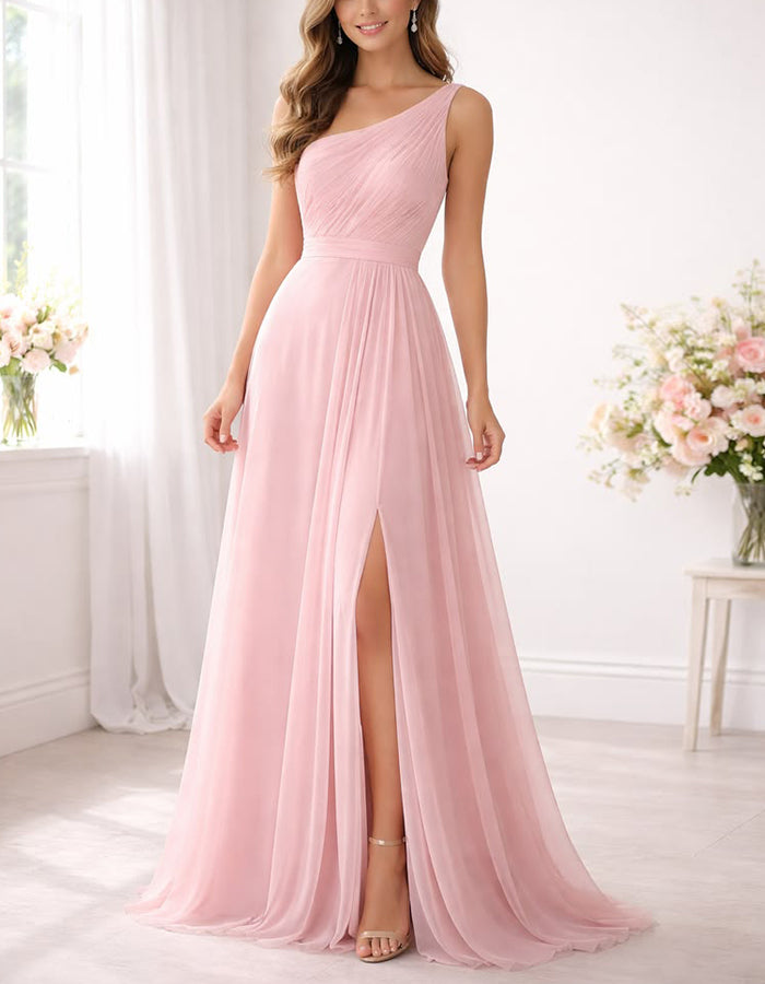 Robe longue rose en chiffon à une épaule
