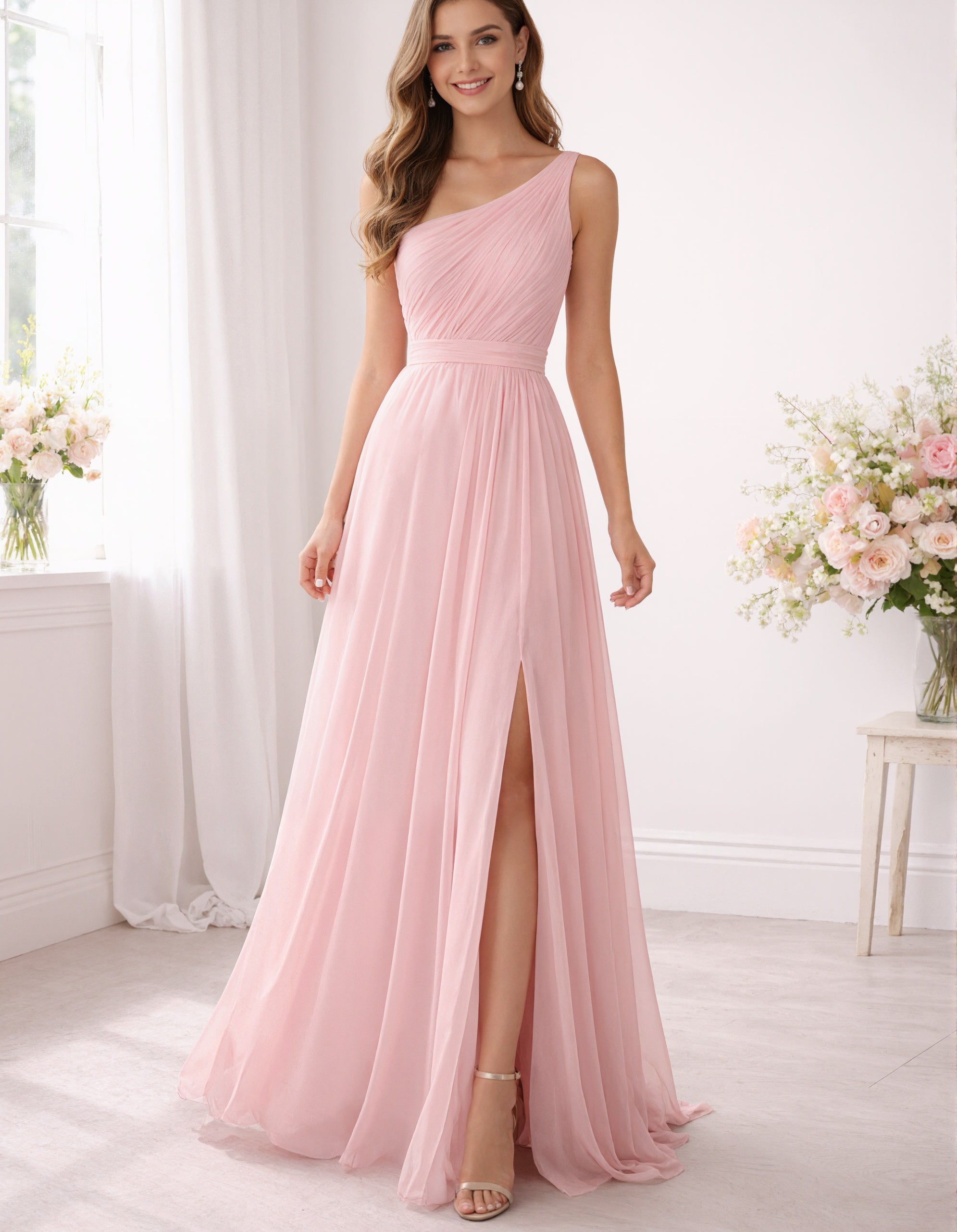 Roze chiffon een-schouder maxi-jurk