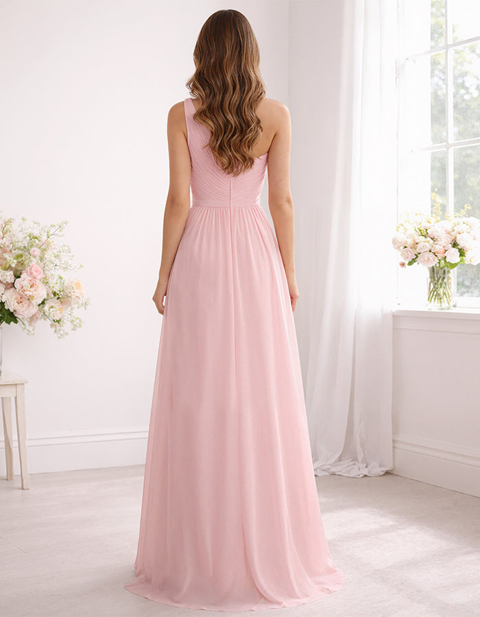 Roze chiffon een-schouder maxi-jurk
