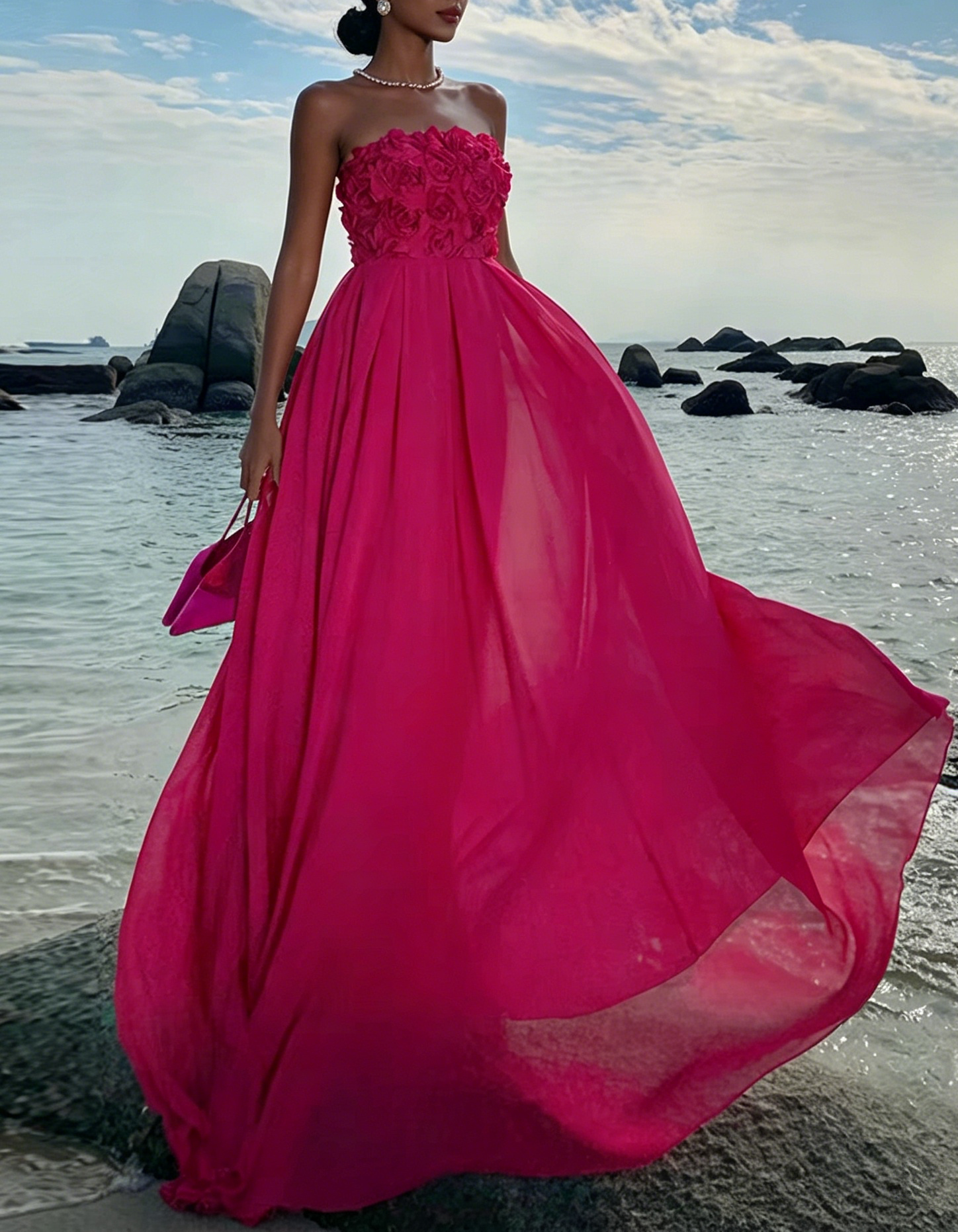 Fuchsia Strapless 3D Rose Chiffon A-Line Maxi Dress