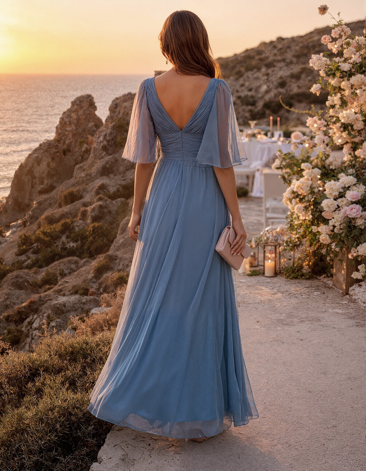 Rochie maxi albastru gri din chiffon, cu decolteu în V și mâneci cu volane