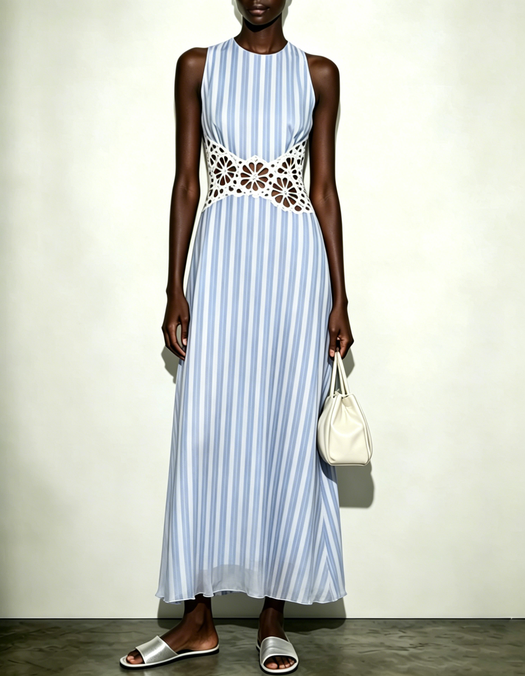 Light Blue Striped Chiffon Cutwork Lace Open Back Midi Dress