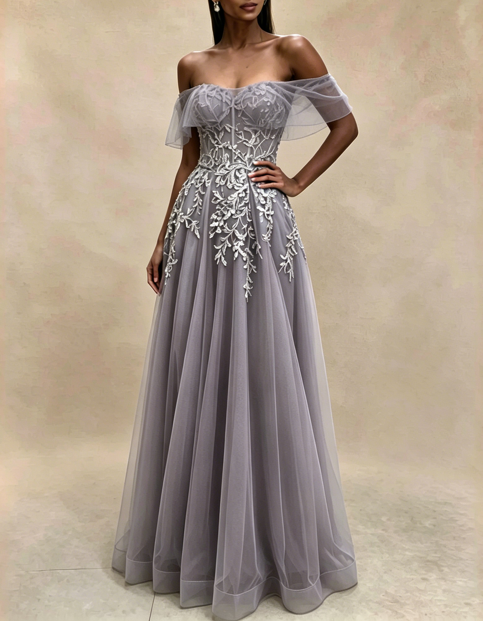 Off The Shoulder Flutter Sleeve Lace Applique Tulle A-Line Maxi Dress