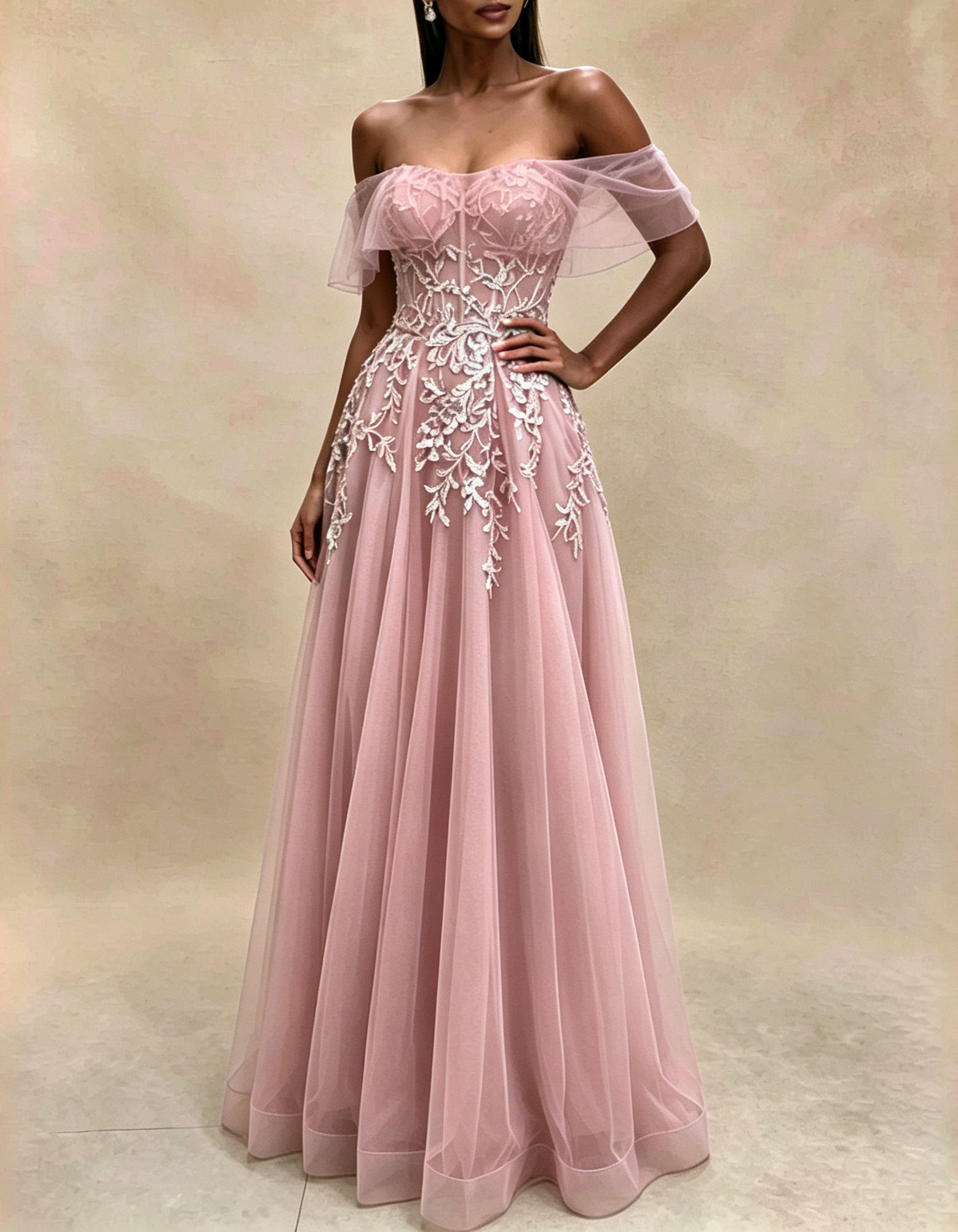 Off The Shoulder Flutter Sleeve Lace Applique Tulle A-Line Maxi Dress