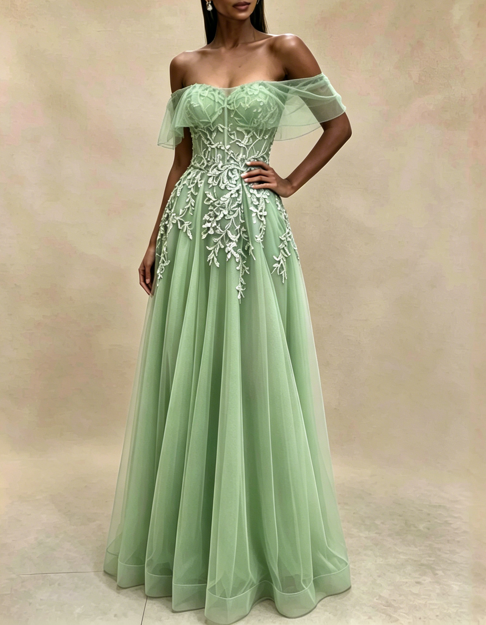 Off The Shoulder Flutter Sleeve Lace Applique Tulle A-Line Maxi Dress