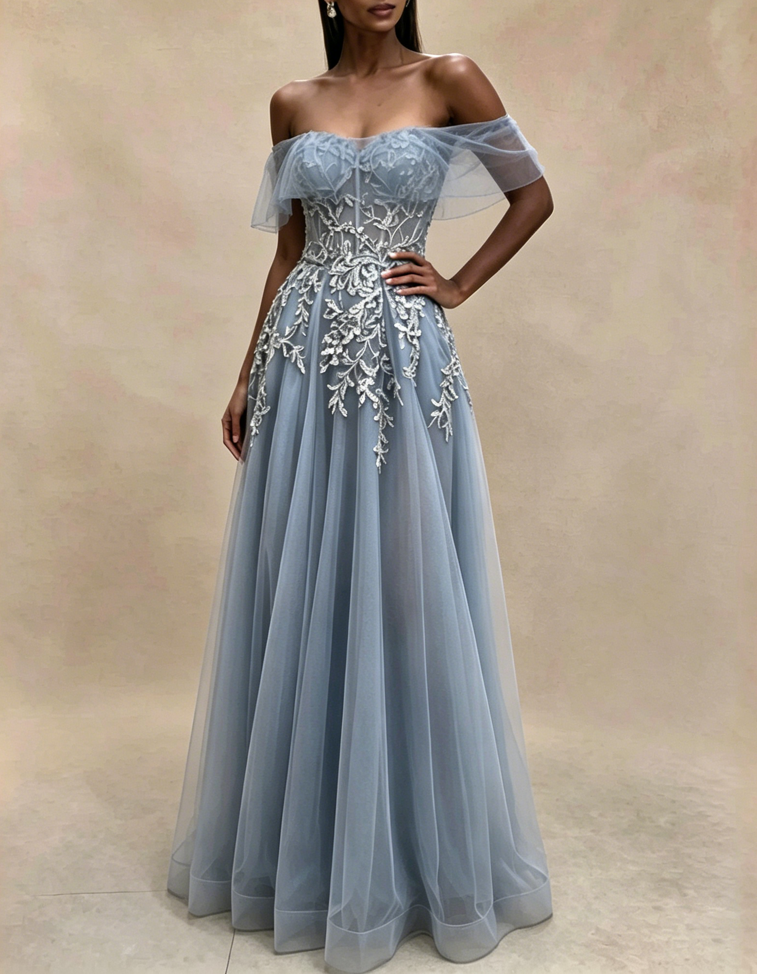 Off The Shoulder Flutter Sleeve Lace Applique Tulle A-Line Maxi Dress