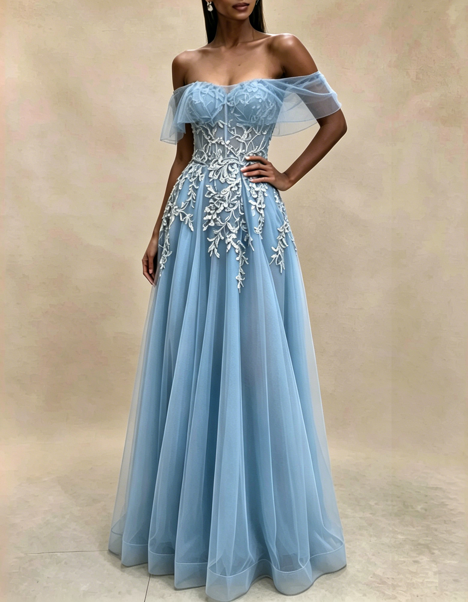 Off The Shoulder Flutter Sleeve Lace Applique Tulle A-Line Maxi Dress
