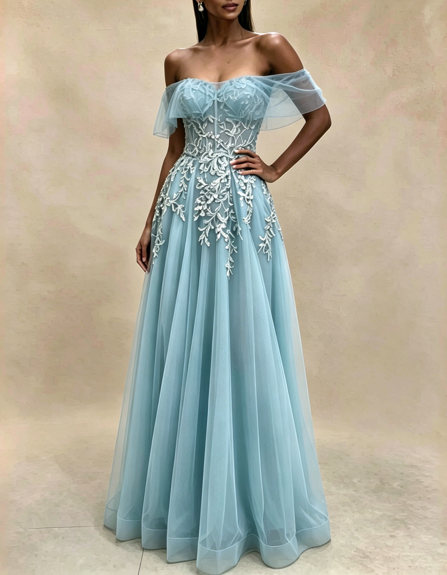 Off The Shoulder Flutter Sleeve Lace Applique Tulle A-Line Maxi Dress