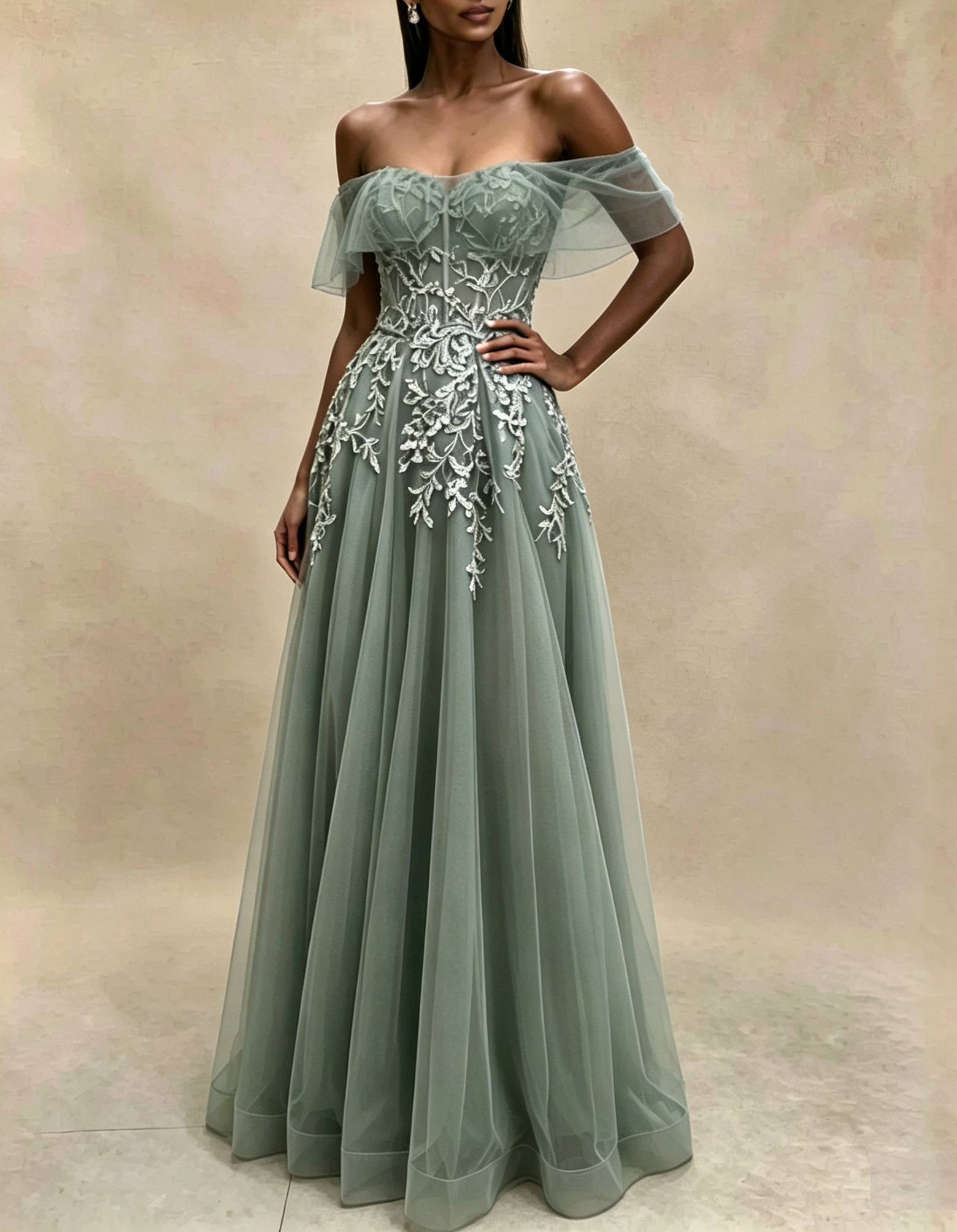 Off The Shoulder Flutter Sleeve Lace Applique Tulle A-Line Maxi Dress