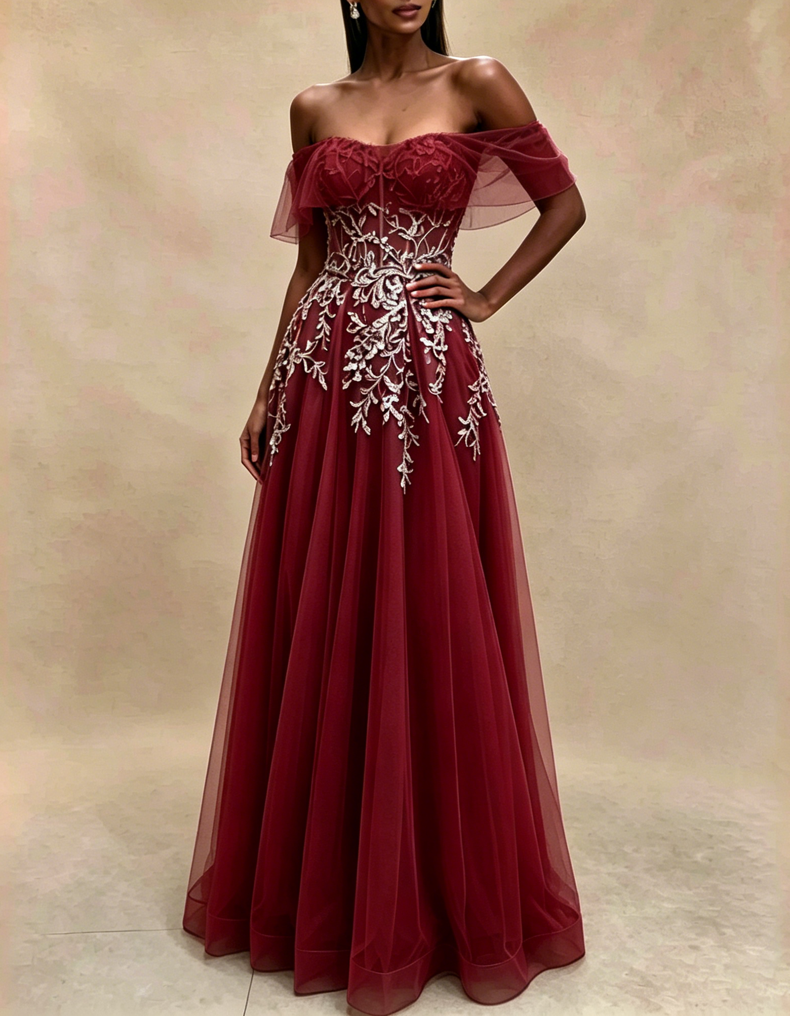 Off The Shoulder Flutter Sleeve Lace Applique Tulle A-Line Maxi Dress