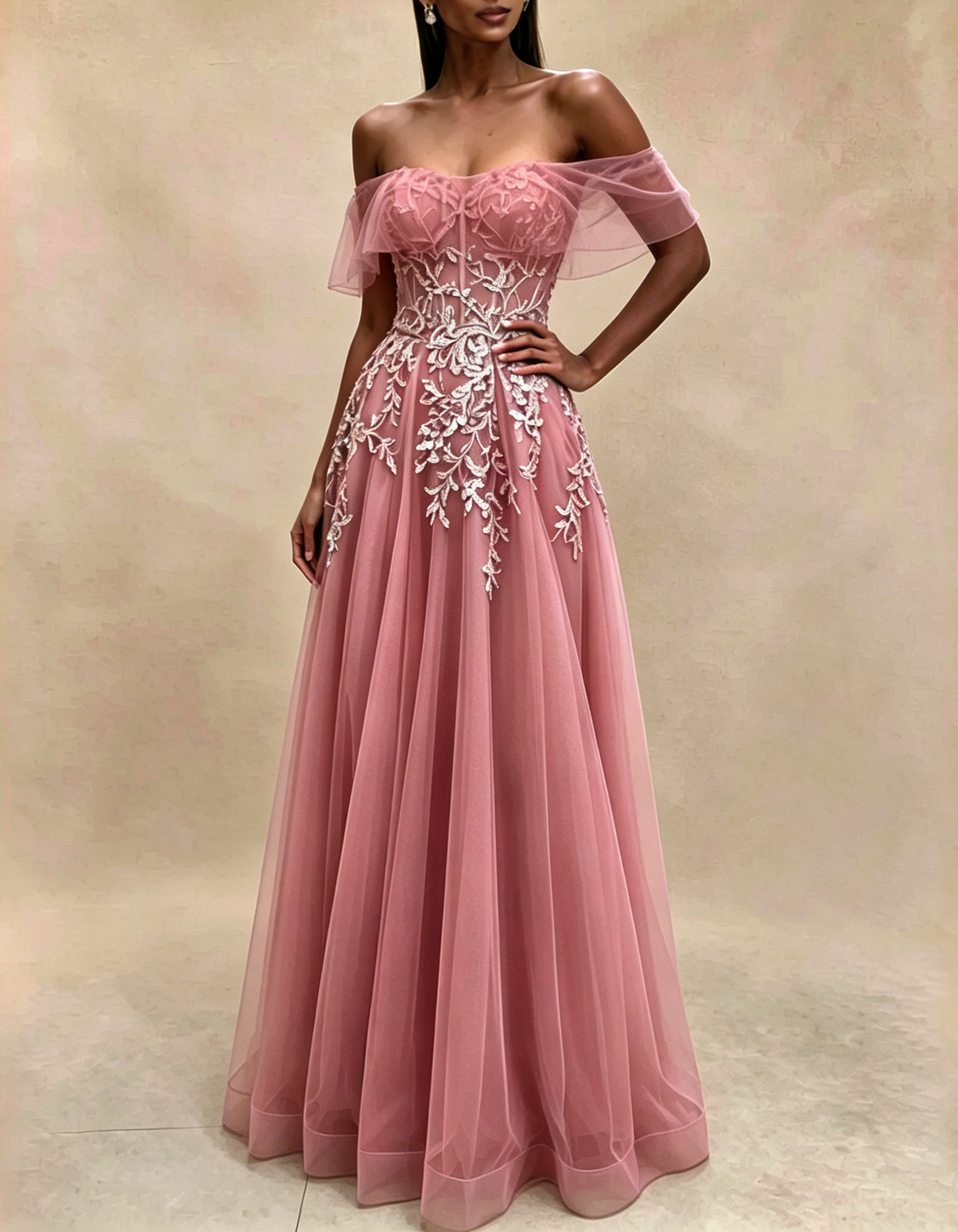 Off The Shoulder Flutter Sleeve Lace Applique Tulle A-Line Maxi Dress