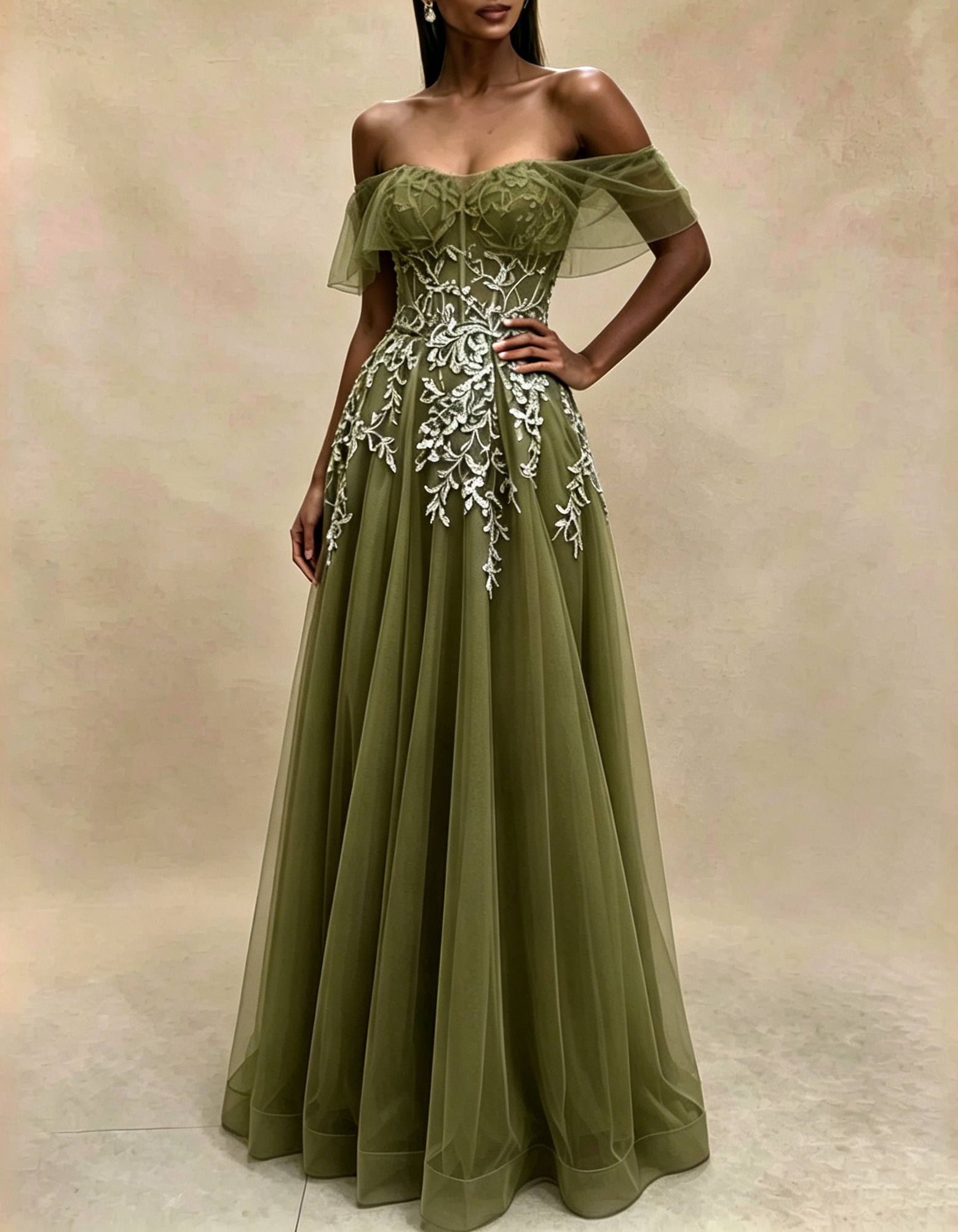 Off The Shoulder Flutter Sleeve Lace Applique Tulle A-Line Maxi Dress
