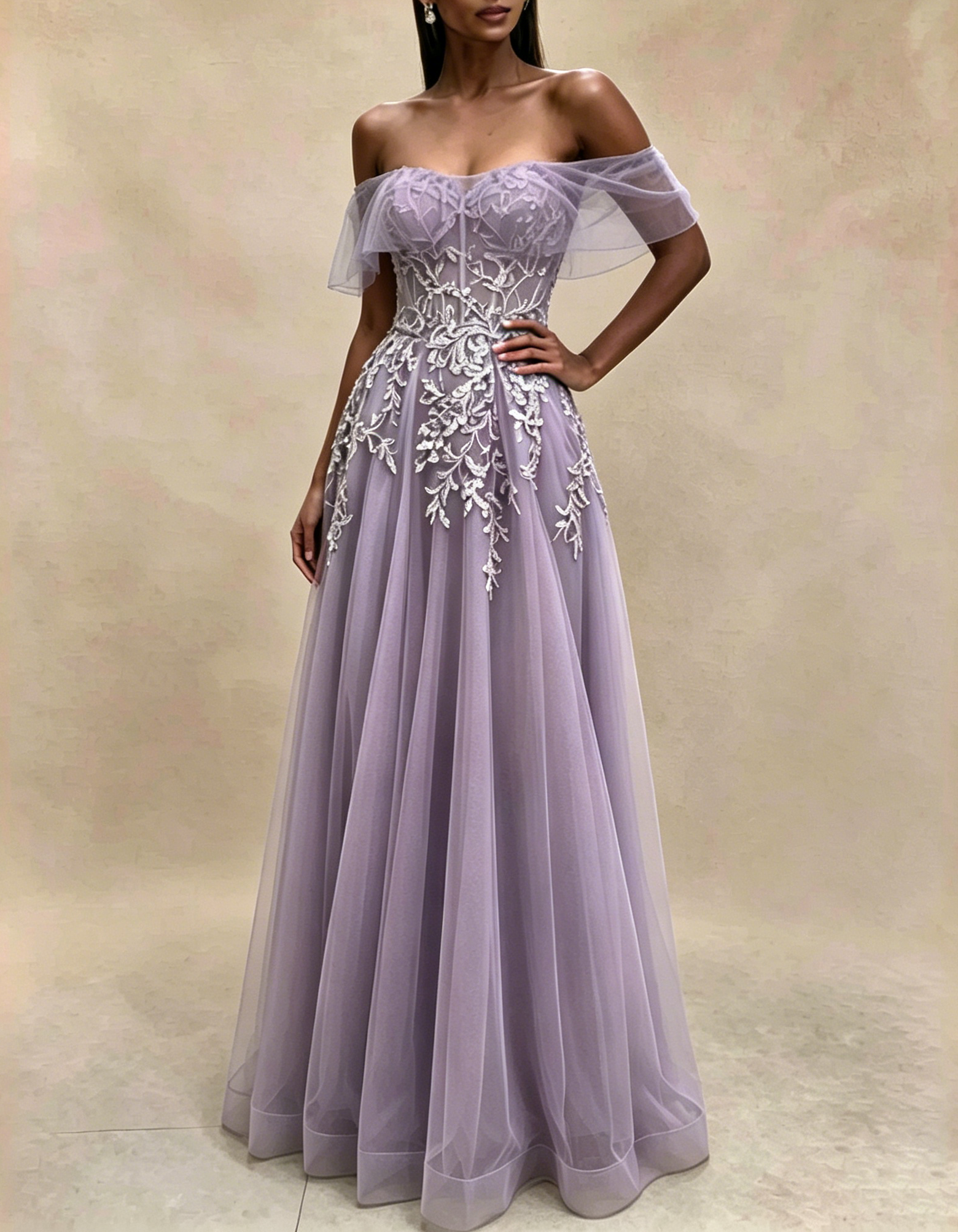 Off The Shoulder Flutter Sleeve Lace Applique Tulle A-Line Maxi Dress