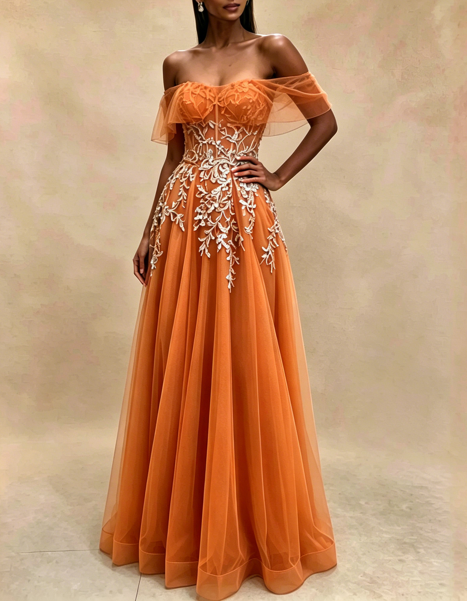 Off The Shoulder Flutter Sleeve Lace Applique Tulle A-Line Maxi Dress