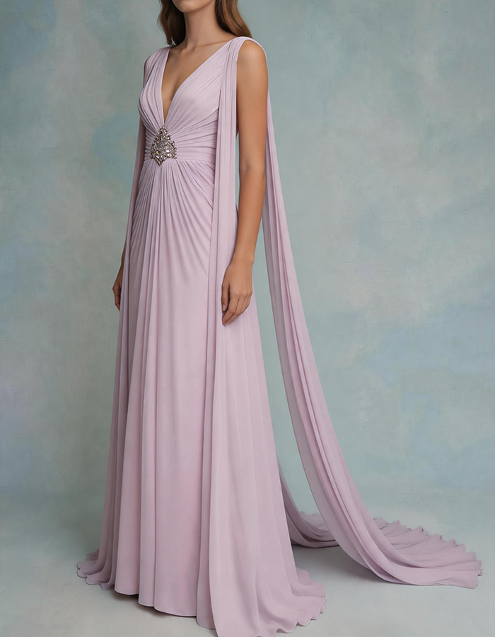 Vestido maxi de gasa rosa claro con escote en V profundo, mangas capa y fruncido