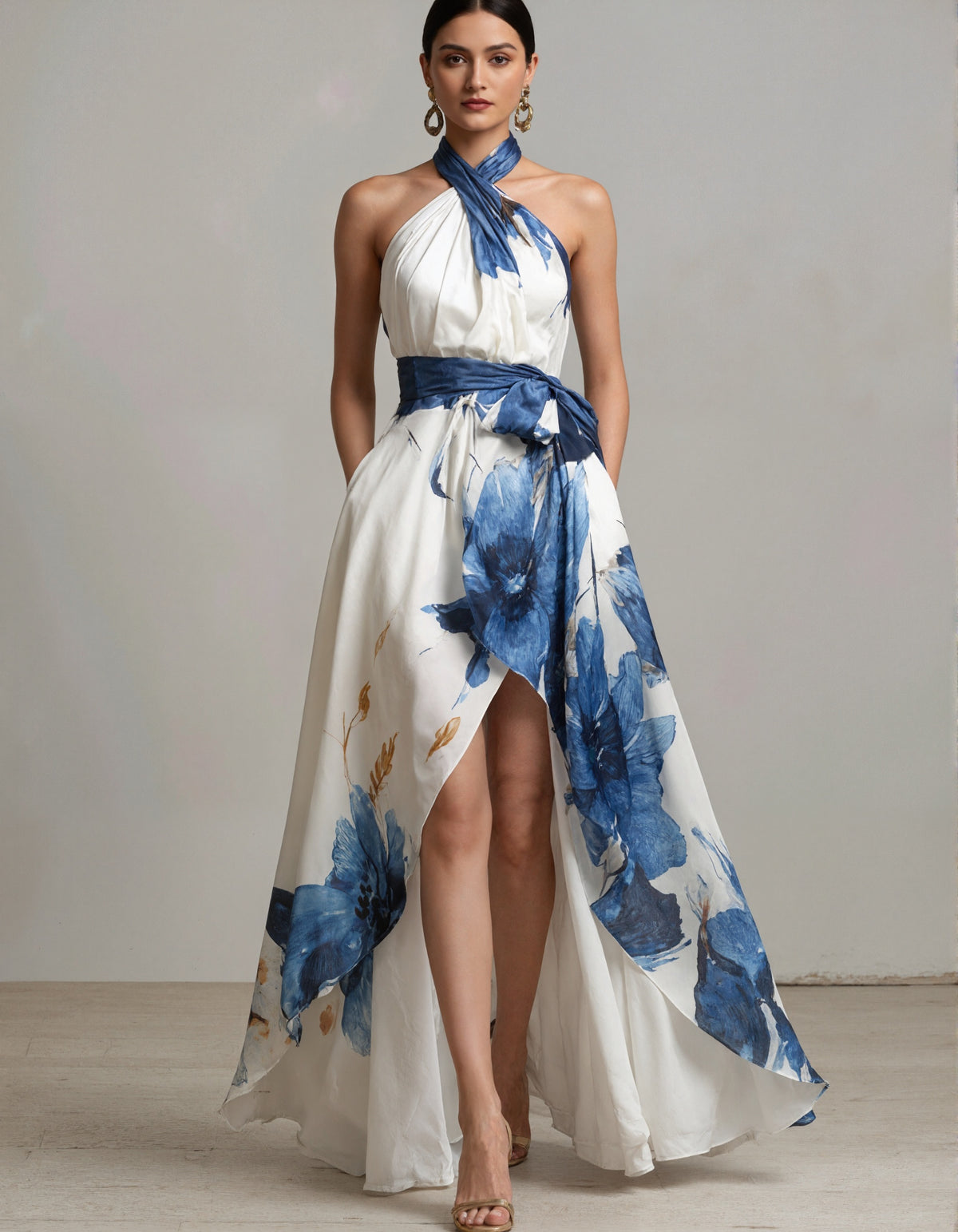 Vestido maxi con cuello halter y estampado floral en tinta azul y blanca