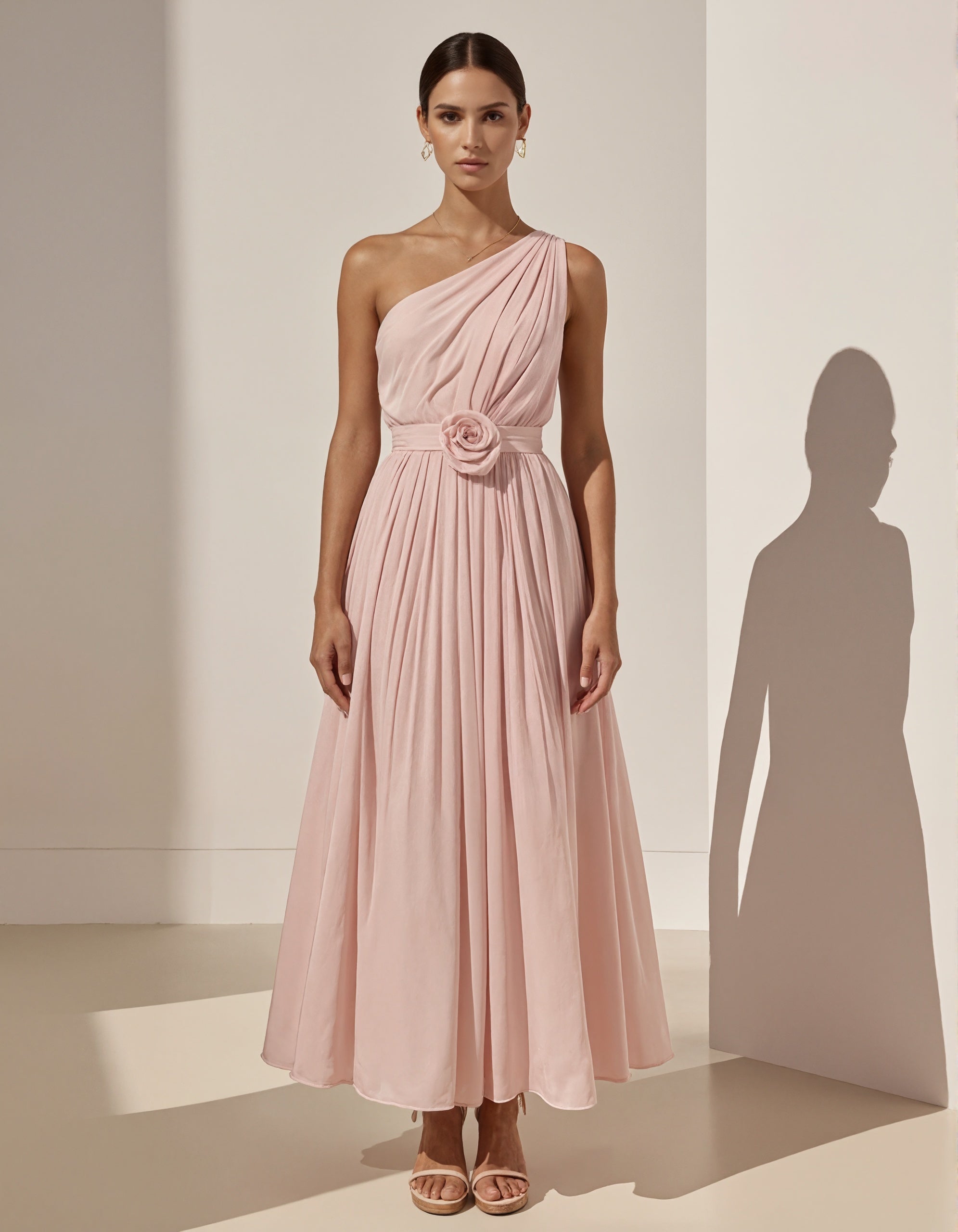 Roze een-schouder chiffon 3D bloemen maxi-jurk