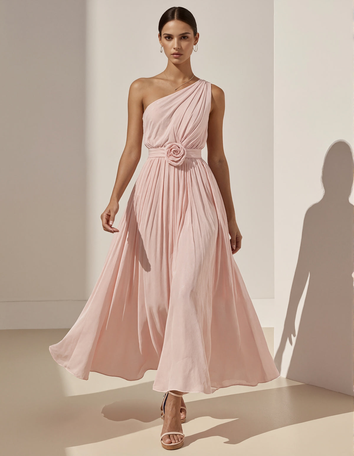 Roze een-schouder chiffon 3D bloemen maxi-jurk