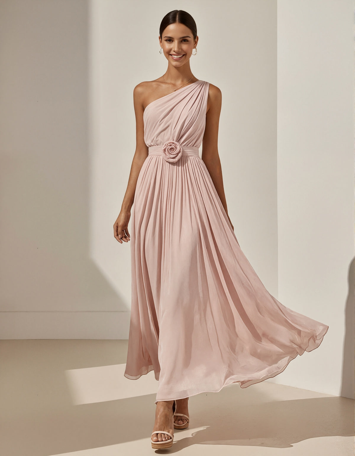 Roze een-schouder chiffon 3D bloemen maxi-jurk