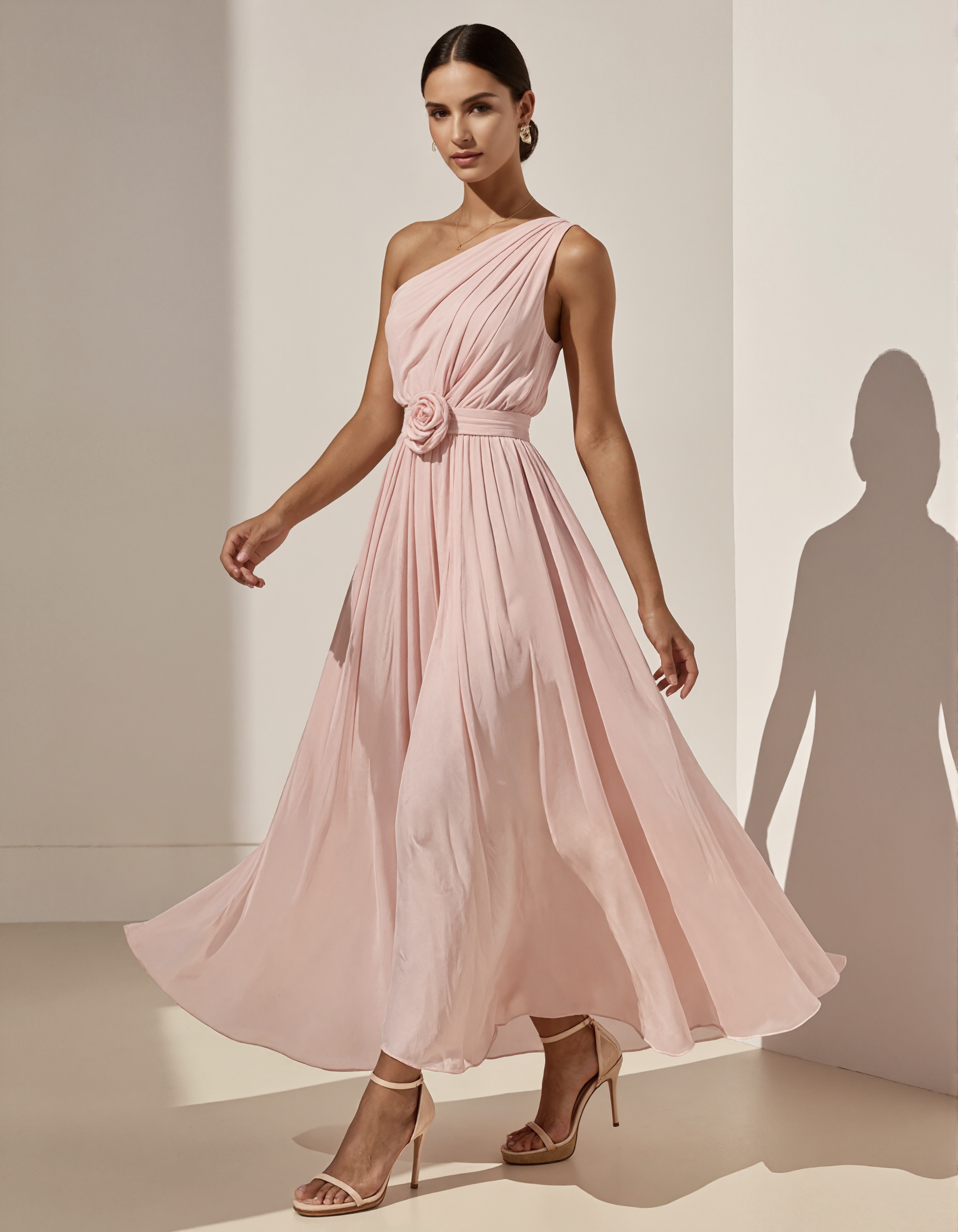 Roze een-schouder chiffon 3D bloemen maxi-jurk