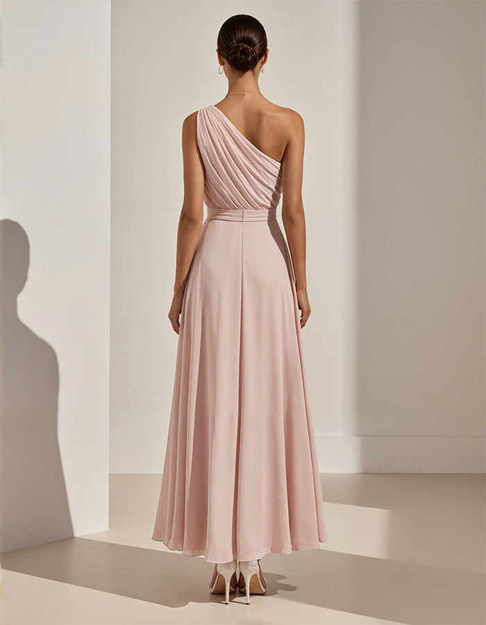 Roze een-schouder chiffon 3D bloemen maxi-jurk