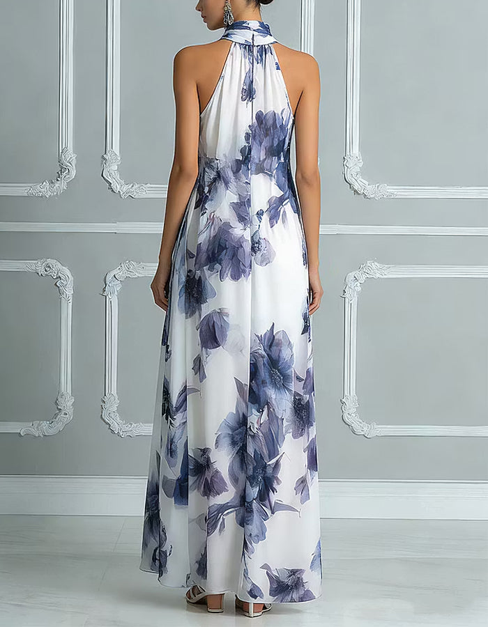 Maxikleid aus lila-blauem Tintenwaschdruck-Chiffon mit Neckholder