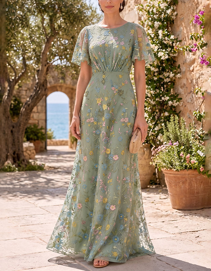 Vestido maxi de tul con bordado floral, manga volante y cuello redondo en verde salvia