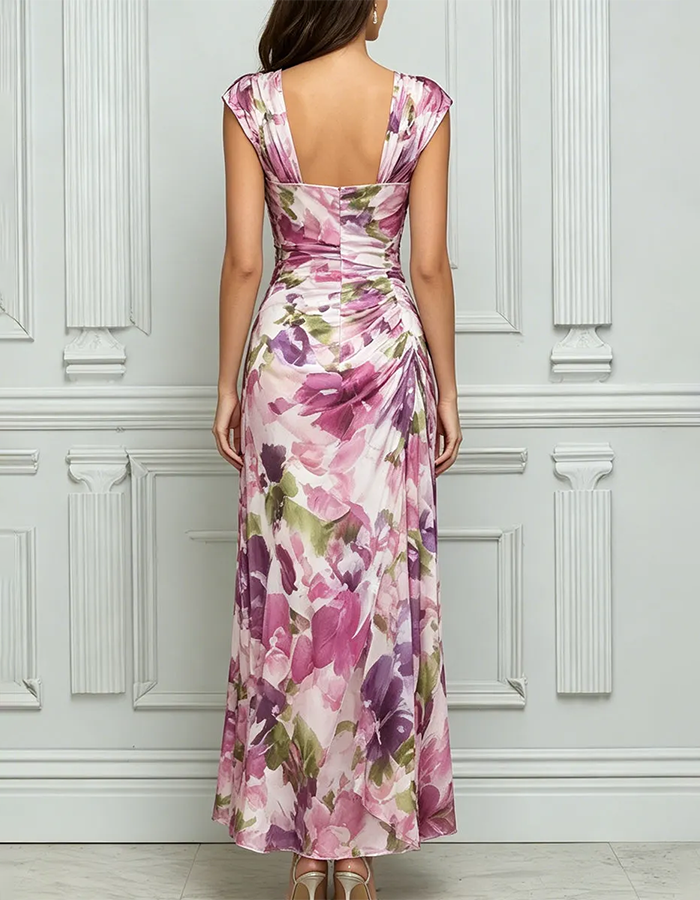 Off-White großes rotes Rosenmuster Chiffon-Maxikleid mit Rundhalsausschnitt und flatternden Ärmeln
