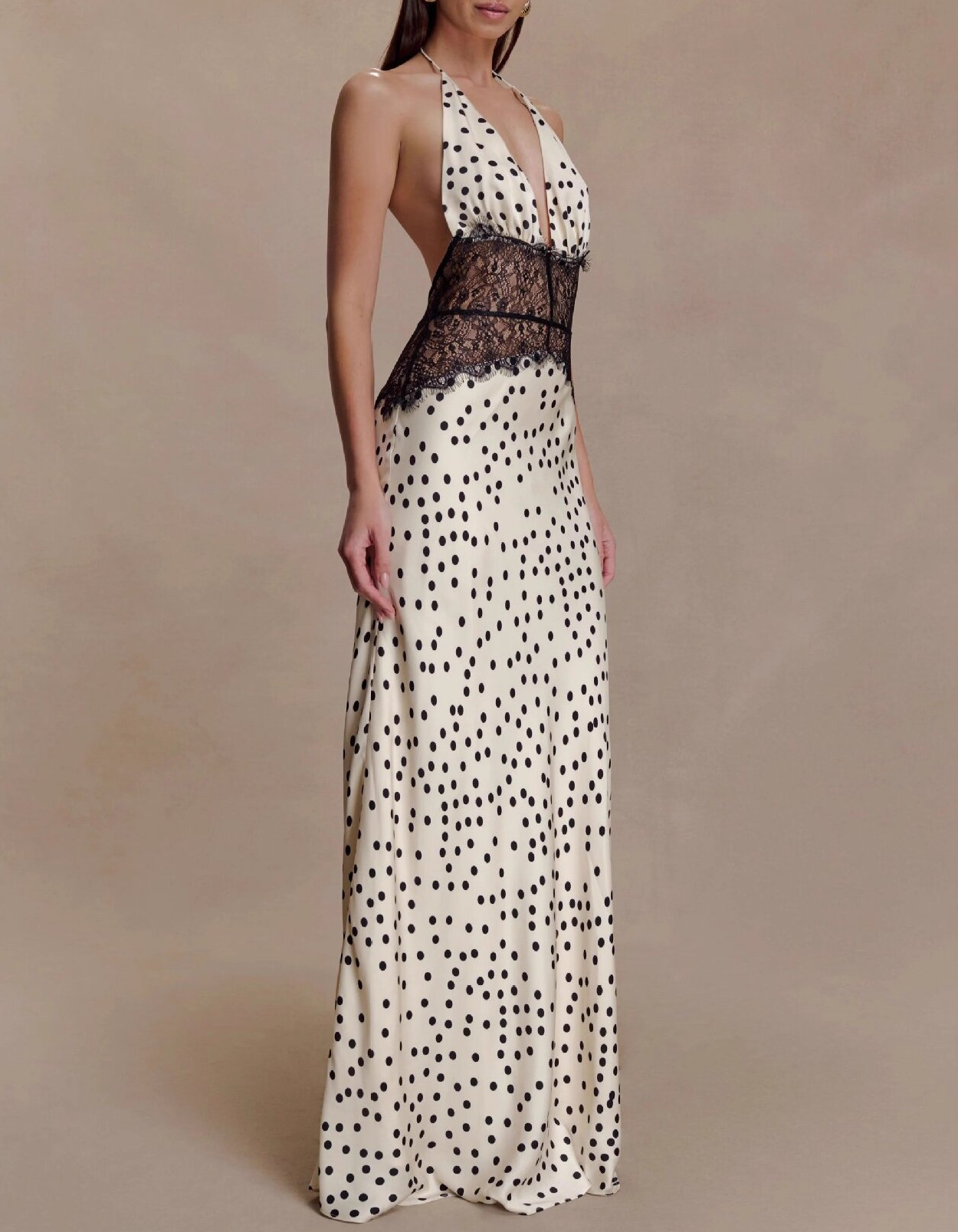 Cream Beige Halter Deep V Polka Dot Satin Lace Waist Maxi Dress