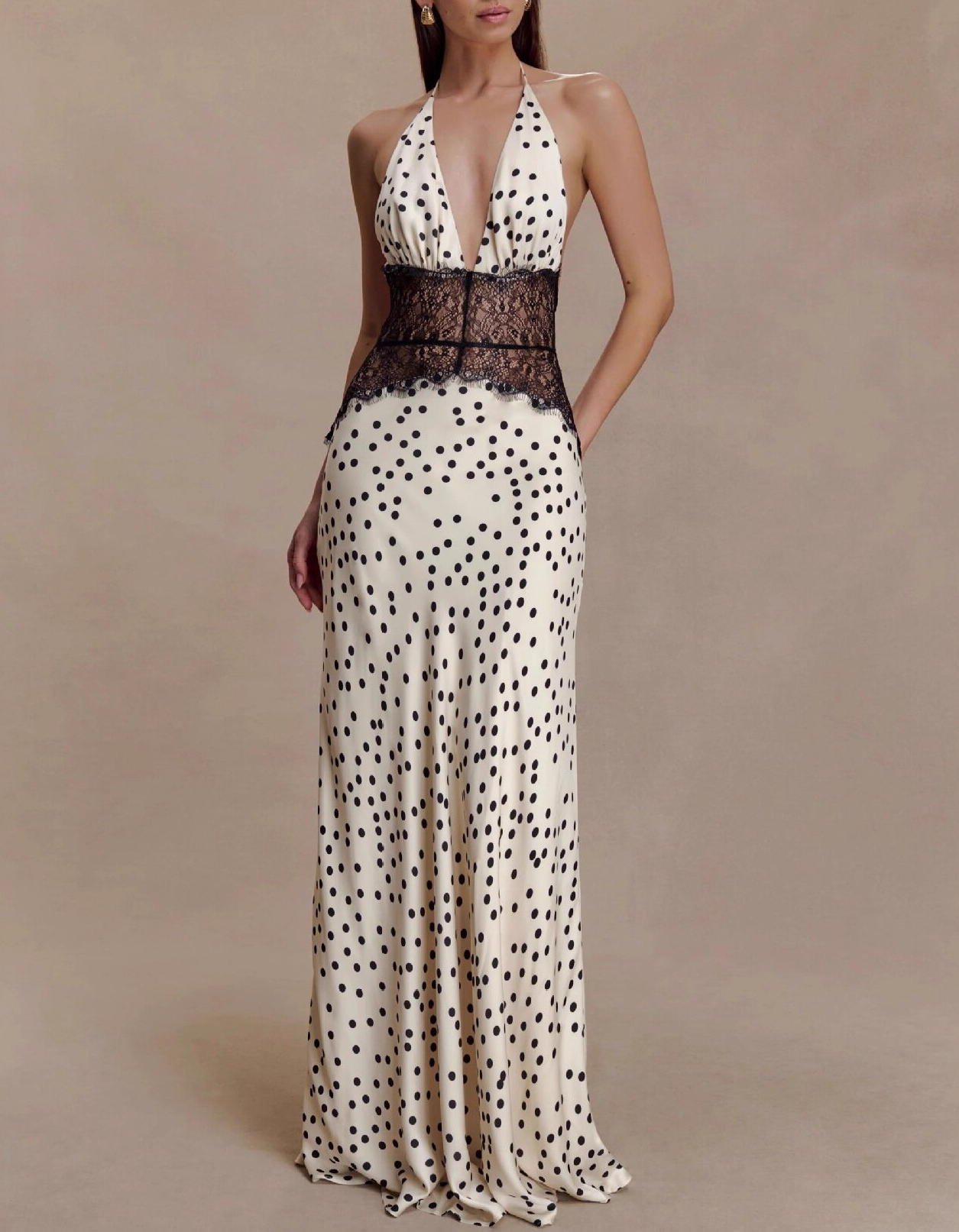 Cream Beige Halter Deep V Polka Dot Satin Lace Waist Maxi Dress